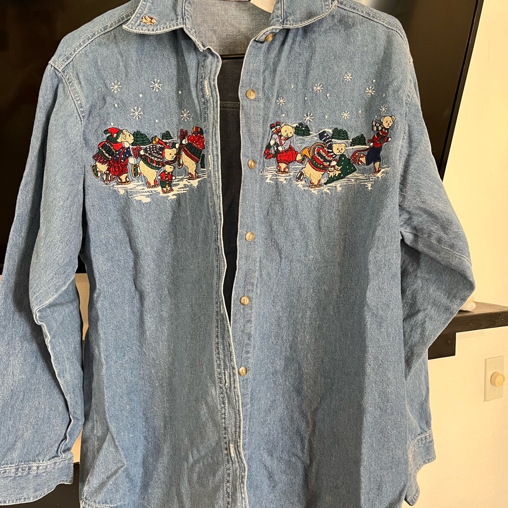 Vintage Bobbie Brooks Denim Shirt with Snowman Embroidery Women’s Size M